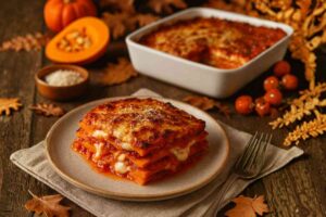 porzione di parmigiana di zucca in un piatto su tavola autunnale sullo sfondo teglia