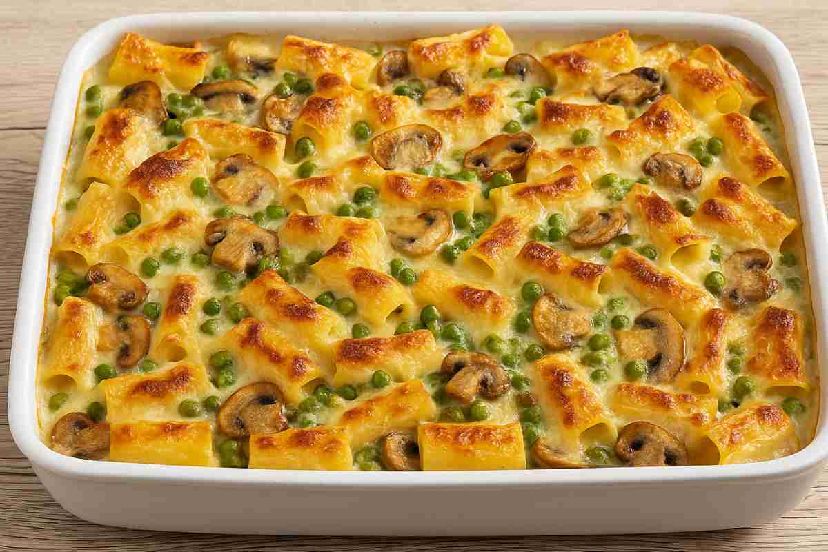 teglia di pasta al forno funghi piselli e besciamella