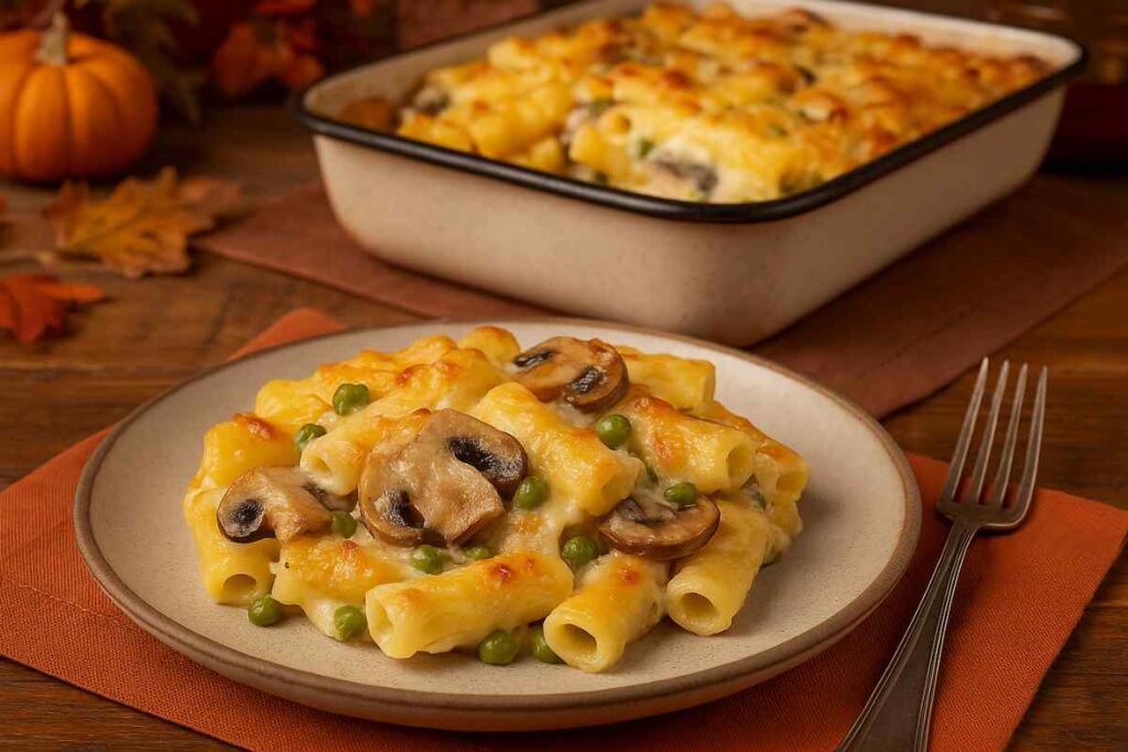 piatto di pasta al forno con funghi piselli e besciamella