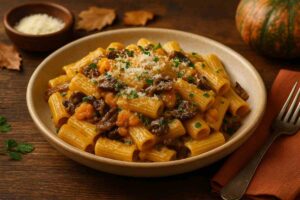 piatto di pasta zucca funghi