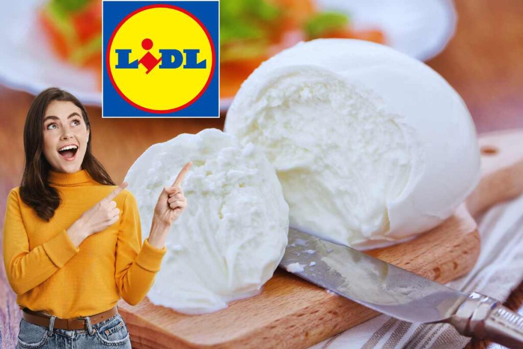 mozzarella, ragazza stupita che indica e logo lidl