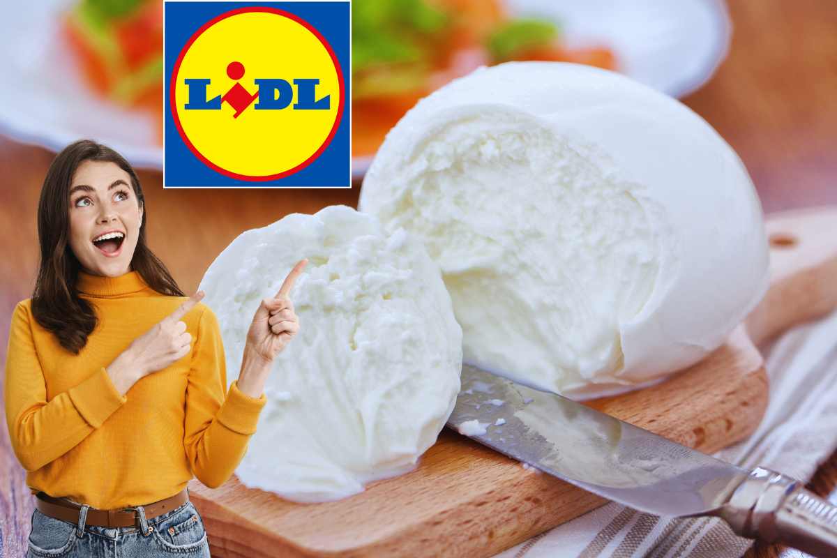 mozzarella, ragazza stupita che indica e logo lidl