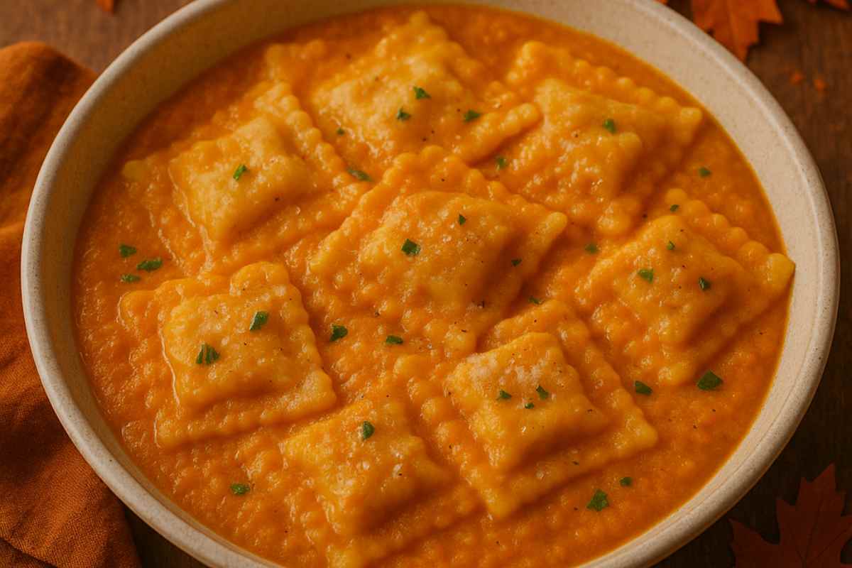 piatto di ravioli con crema di zucca e ricotta