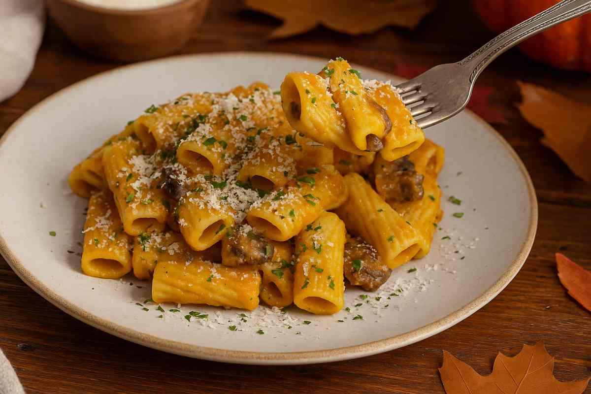pasta zucca funghi porcini forchetta