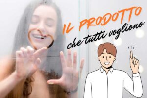 ragazza disegna un cuore sul vetro della doccia grafica ragazzo che indica e scritta