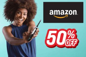 donna con spazzolino elettrico logo amazon grafica sconto