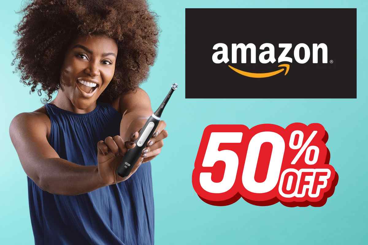 donna con spazzolino elettrico logo amazon grafica sconto