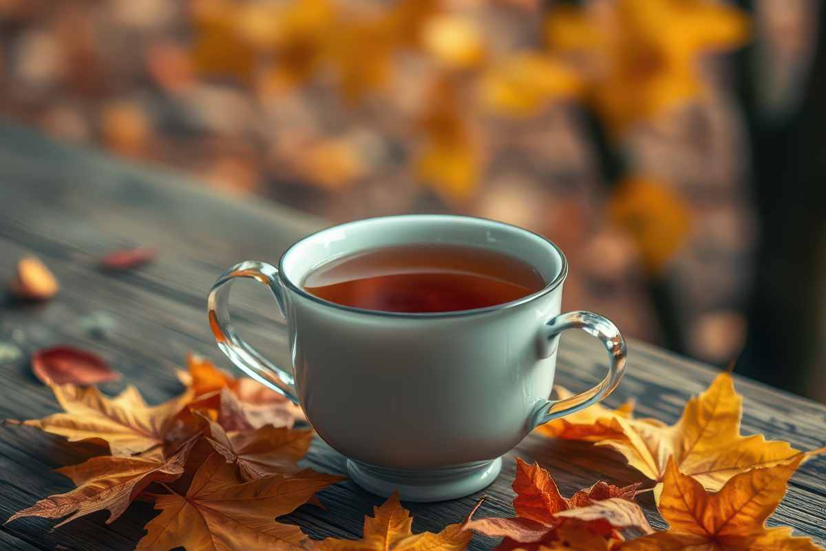 tazza con bevanda calda su tavolo e foglie secche