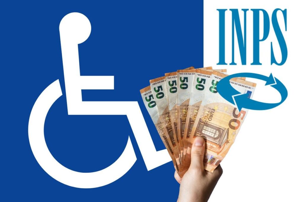 simbolo disabilità, logo inps e mano che tiene banconote 50 euro