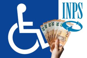 simbolo disabilità, logo inps e mano che tiene banconote 50 euro