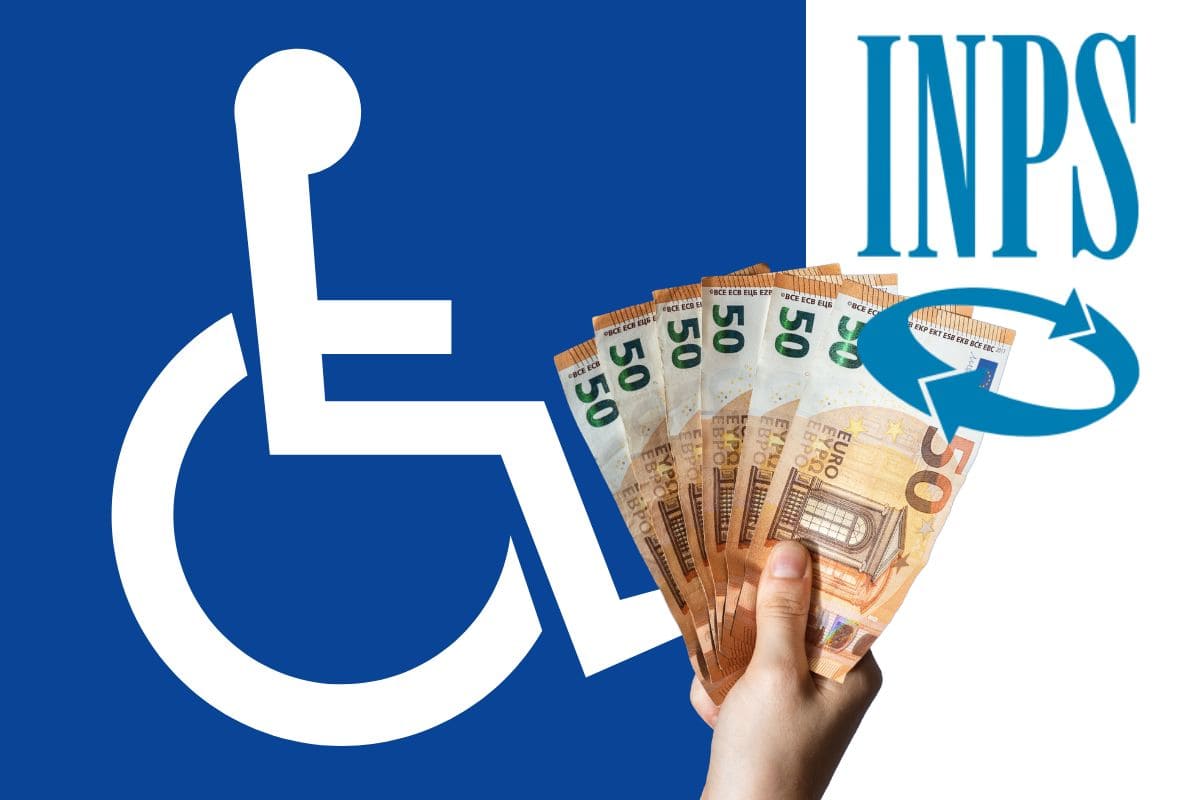 simbolo disabilità, logo inps e mano che tiene banconote 50 euro