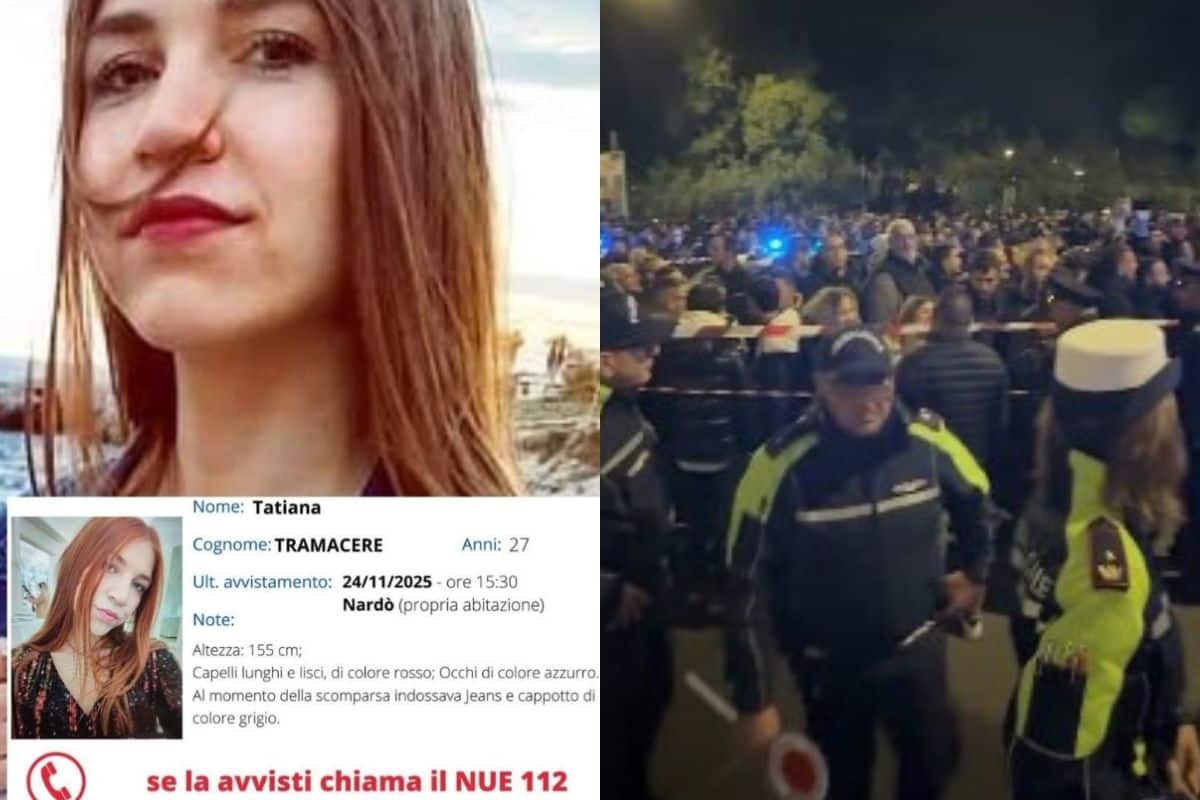 screen volantino scomparsa con numero da chiamare e folla riunita sotto la casa dove credeva fosse rinchiusa contro la sua volontà