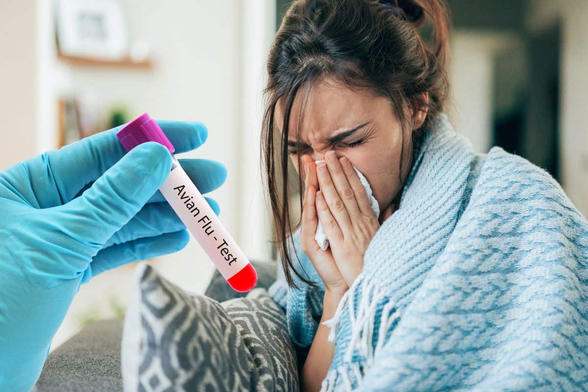 donna influenzata con mano con guanto che tiene una provetta con test aviaria