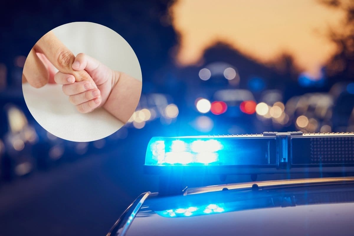 volante polizia con cornice rotonda e immagine manina neonata che stringe dito mamma