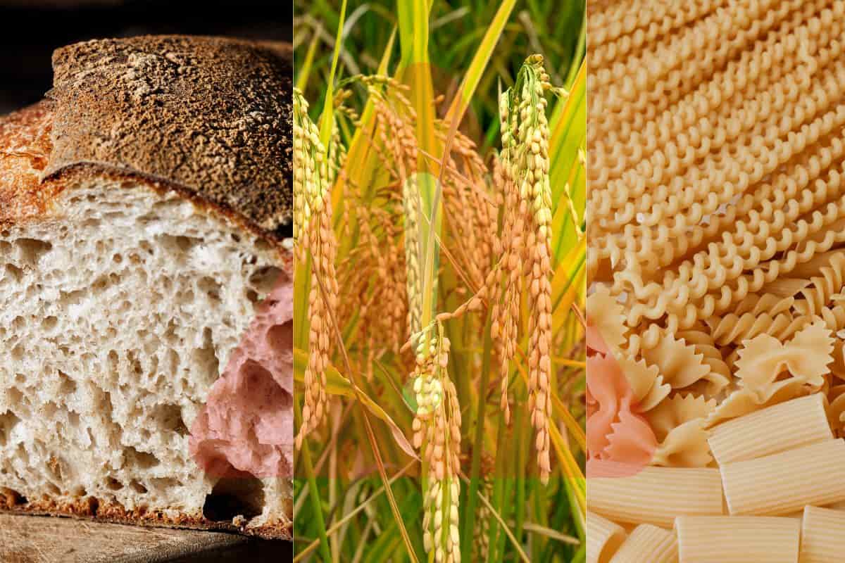 pane, cereali e pasta con sopra cartello attenzione rosso