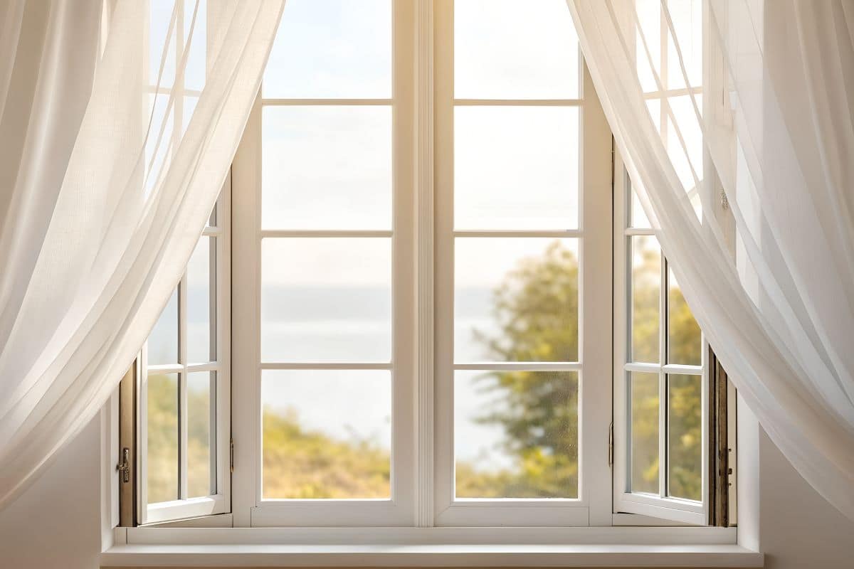 finestra socchiusa con tende bianche e sul mare