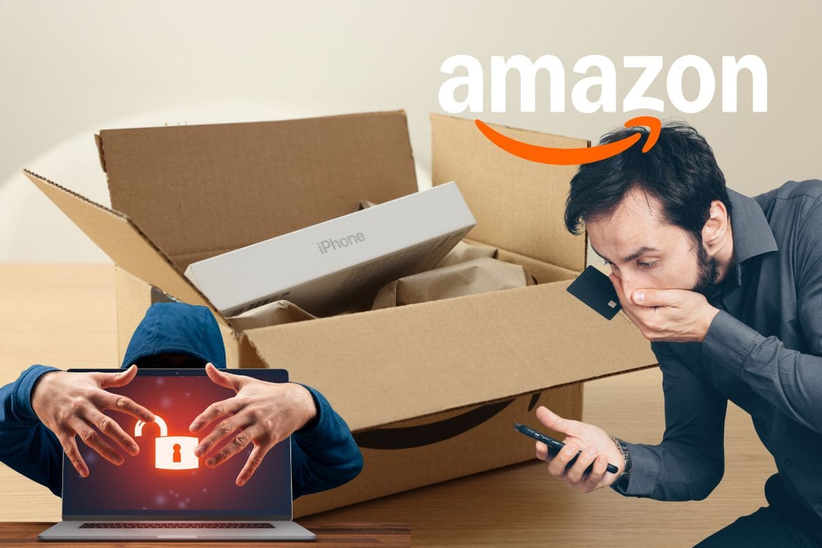 pacco amazon , con logo amazon hacker e uomo truffato che controlla smartphone