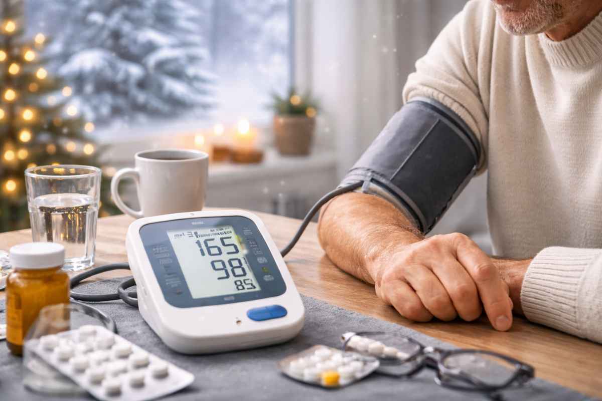 uomo misura pressione in inverno