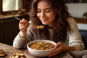 donna mangia zuppa lenticchie e funghi