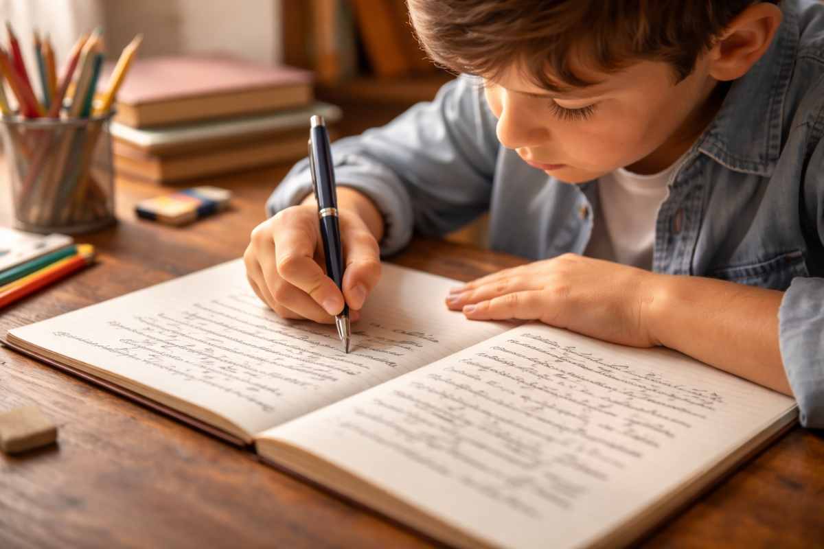 bambino scrive in corsivo