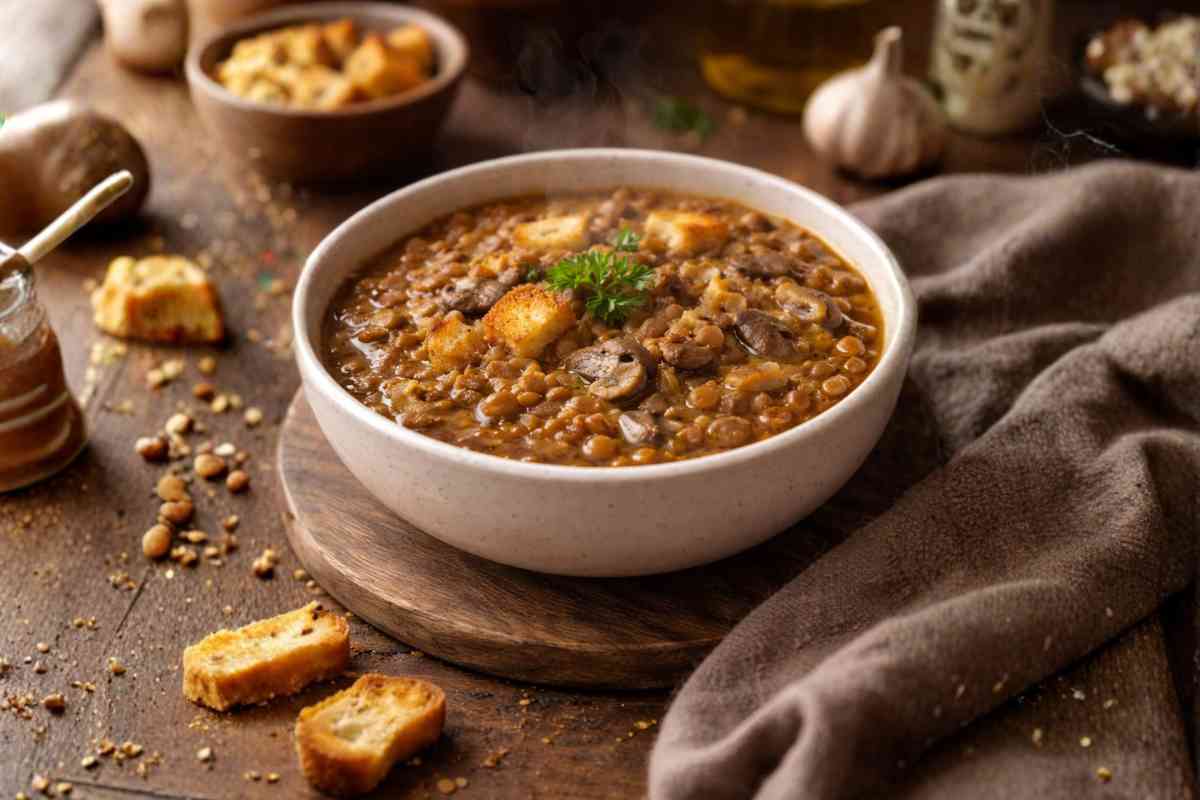 zuppa lenticchie funghi crostini